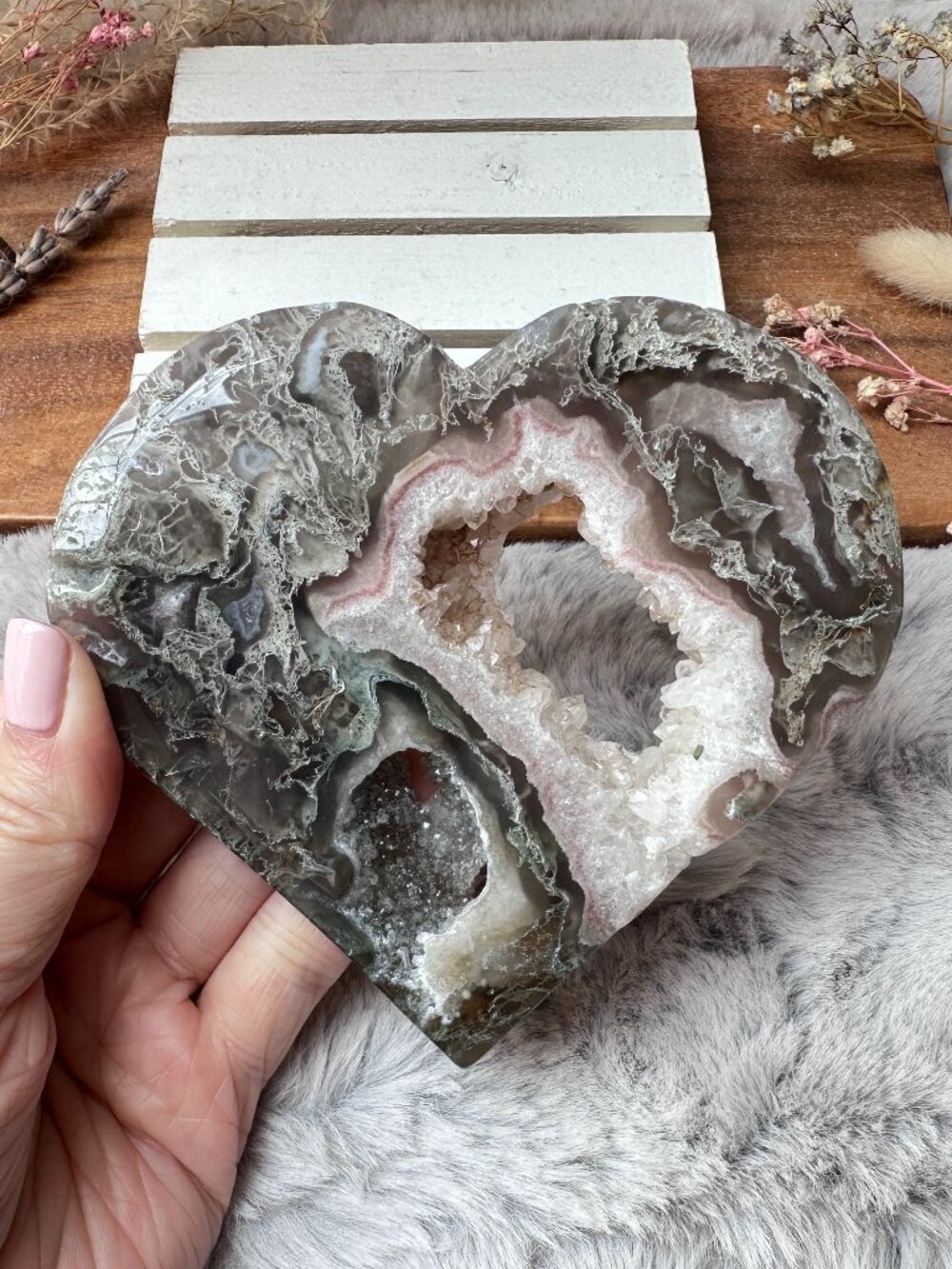 Beautiful Large Moss Agate with Druzy Heart